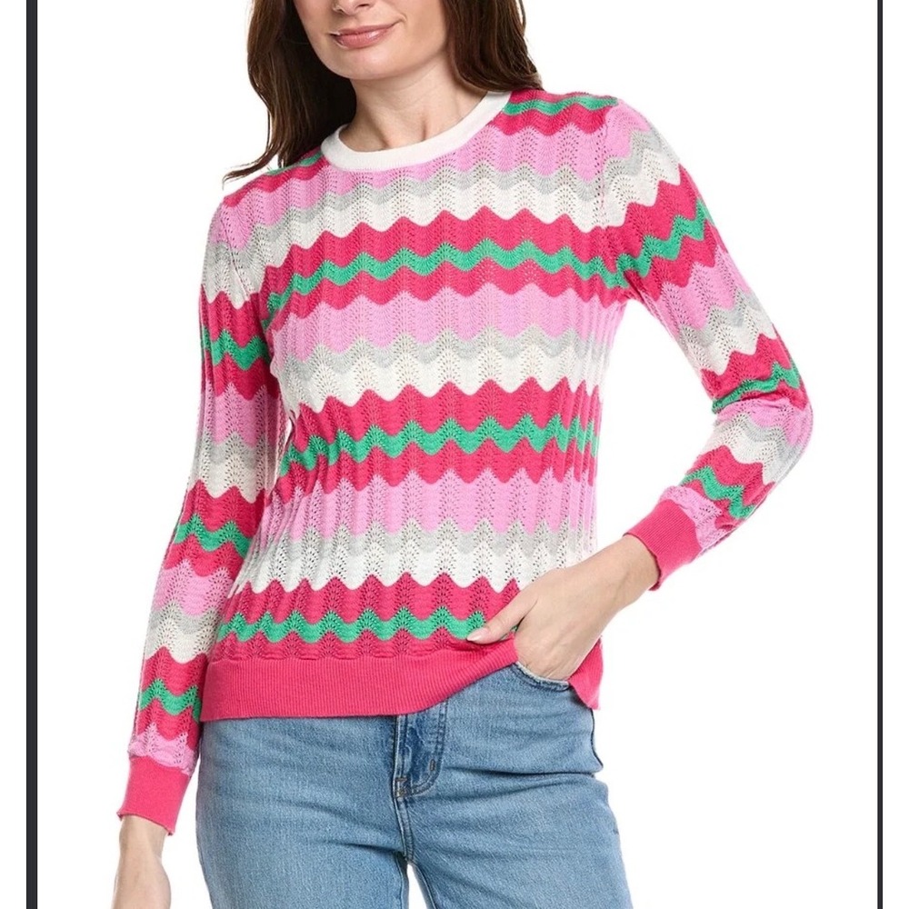 Hannah Rose Womens XL Pink Green Chevron Pointelle Cotton Cashmere Sweater